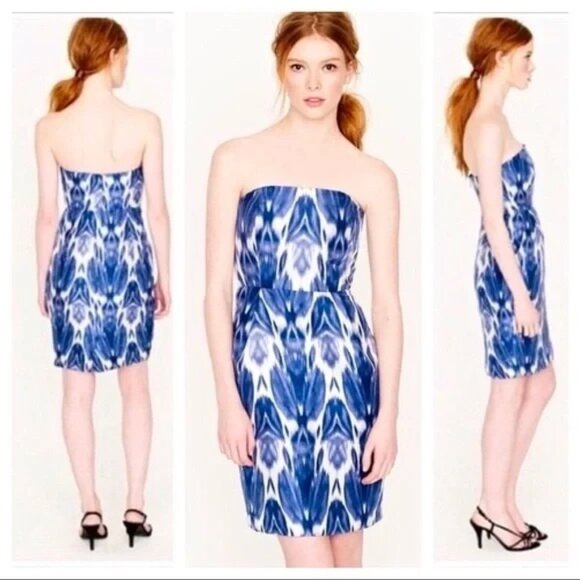 NEW $178 J. Crew Diana 100% Silk Ikat Dress Strapless Blue White coctkatil sz 2 - Picture 1 of 8